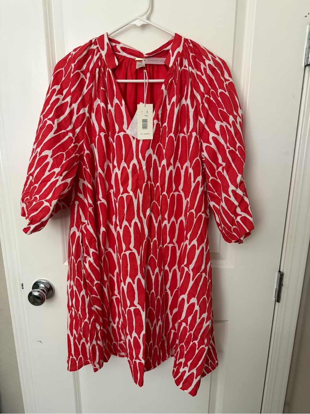 Magaschoni White Red fish Medium Linen Puffed Sleeves V neck A line Mini Dress